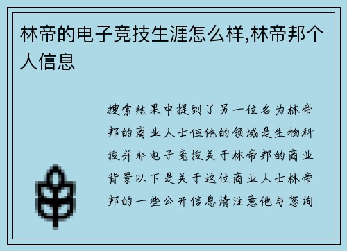 林帝的电子竞技生涯怎么样,林帝邦个人信息